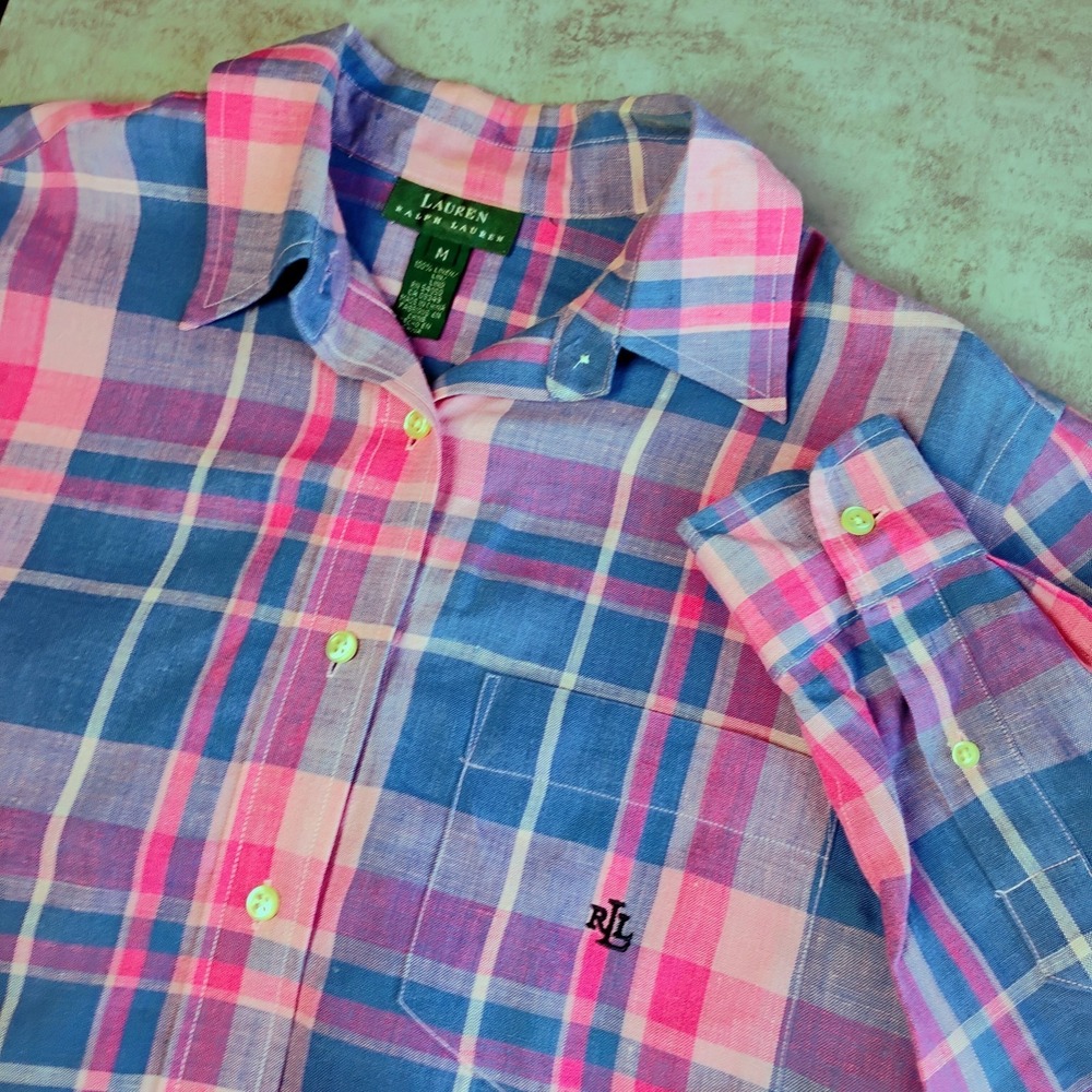 Lauren Ralph Lauren 100% Linen Shirt Womens M Pink Blue Plaid Button Down Logo